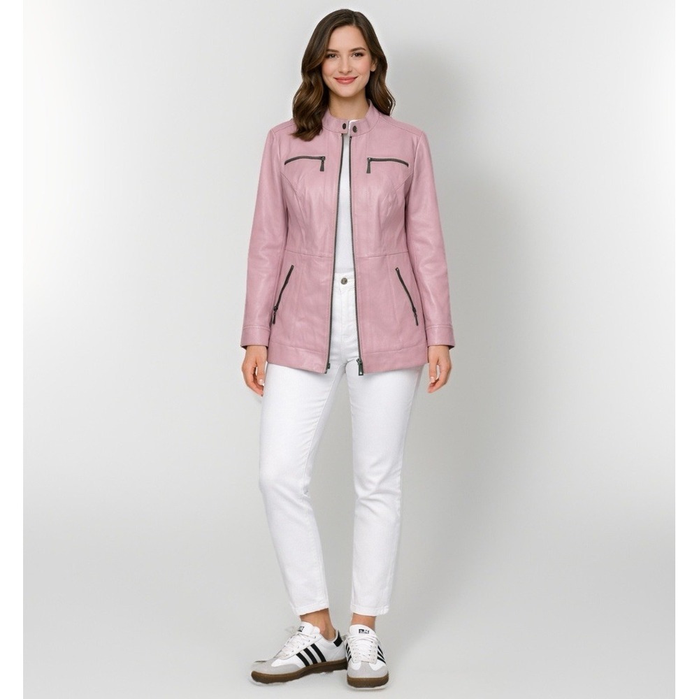 Jessica London Women's 100% Leather Jacket Coat Pink Mauve Size 18 Zip Up